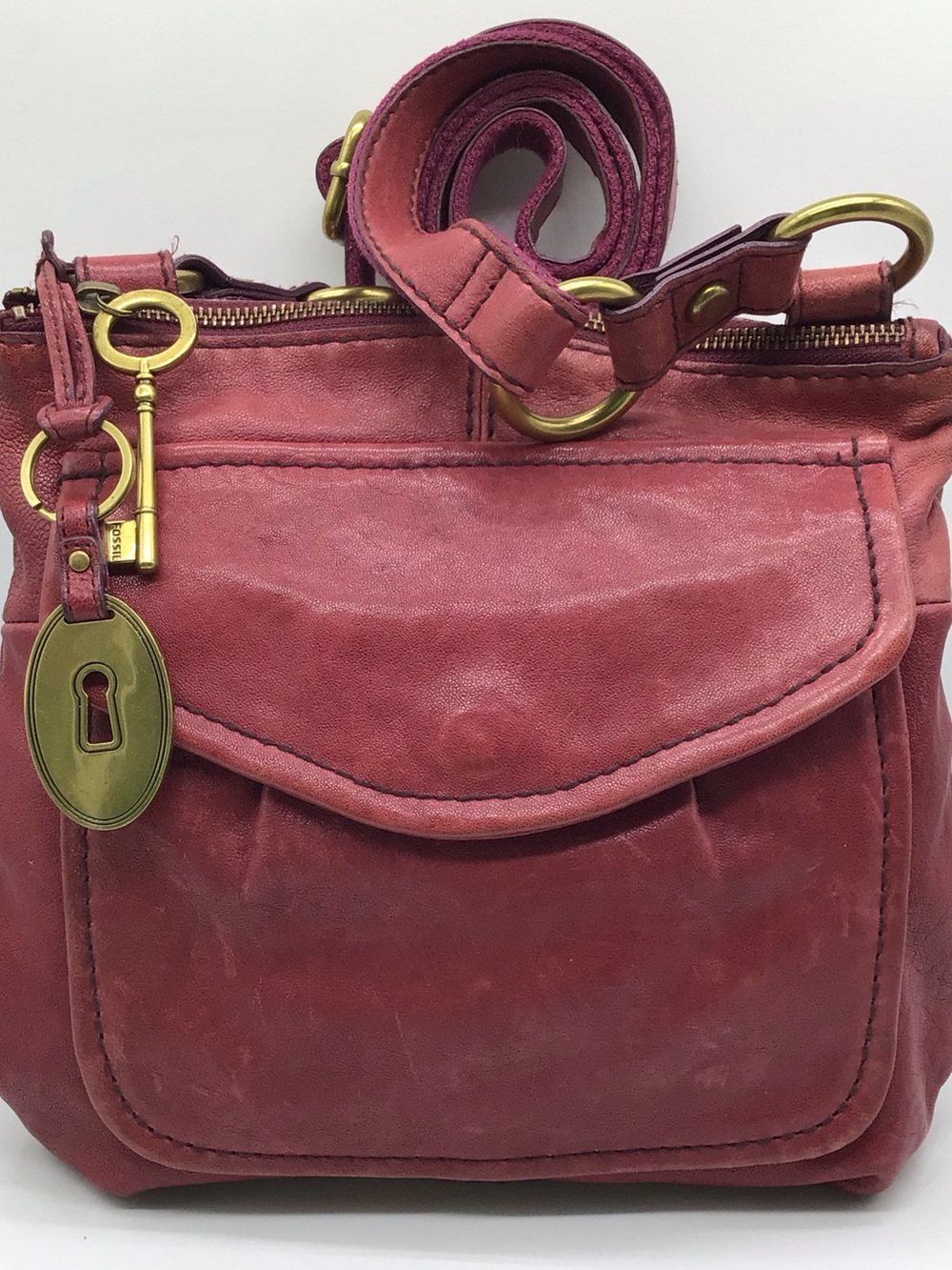 Vintage Fossil Berry Red Leather Crossbody Bag